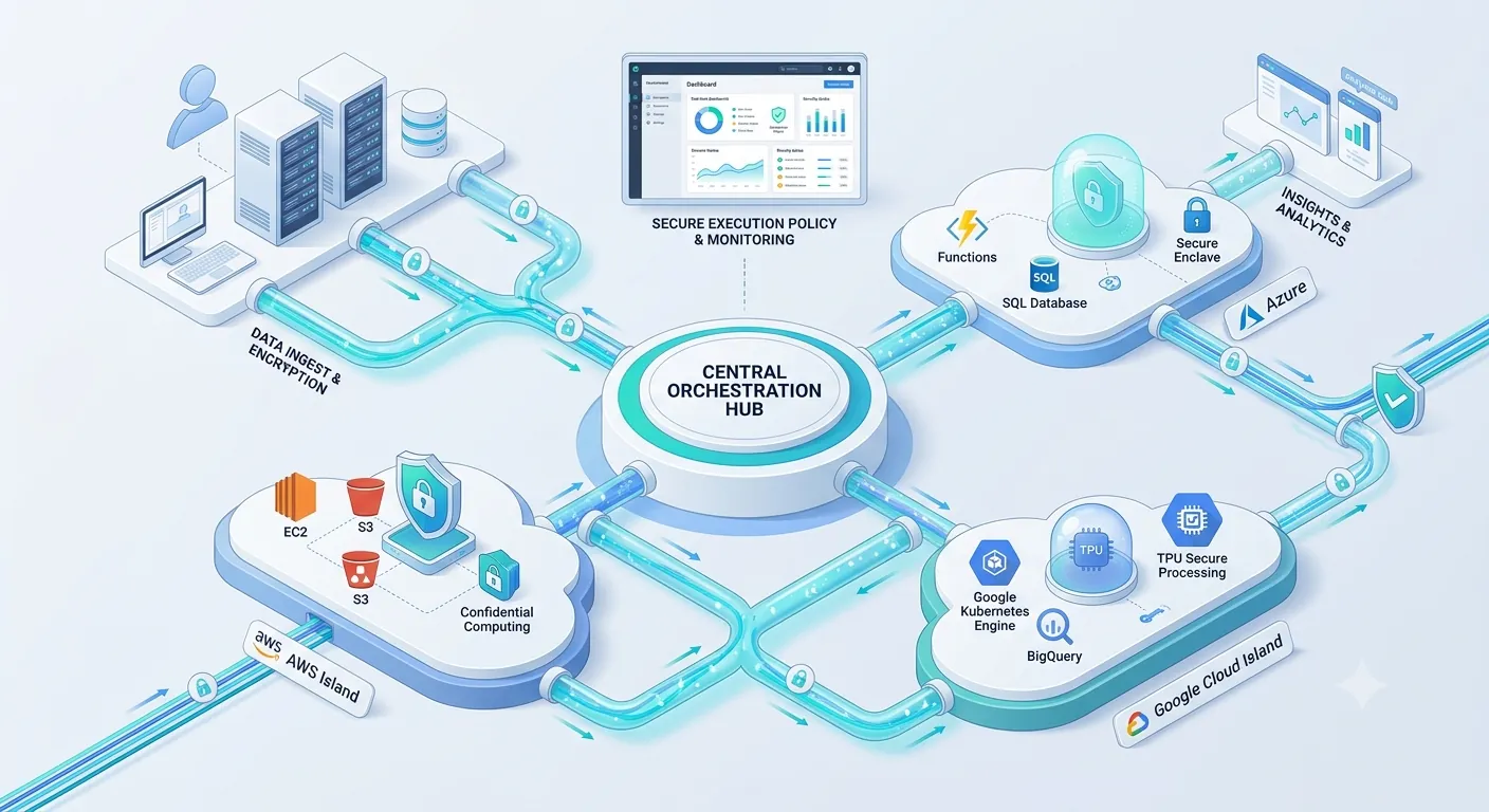 Nube interconectada y procesamiento seguro de datos en tiempo real mediante alianzas tecnológicas globales de infraestructura.